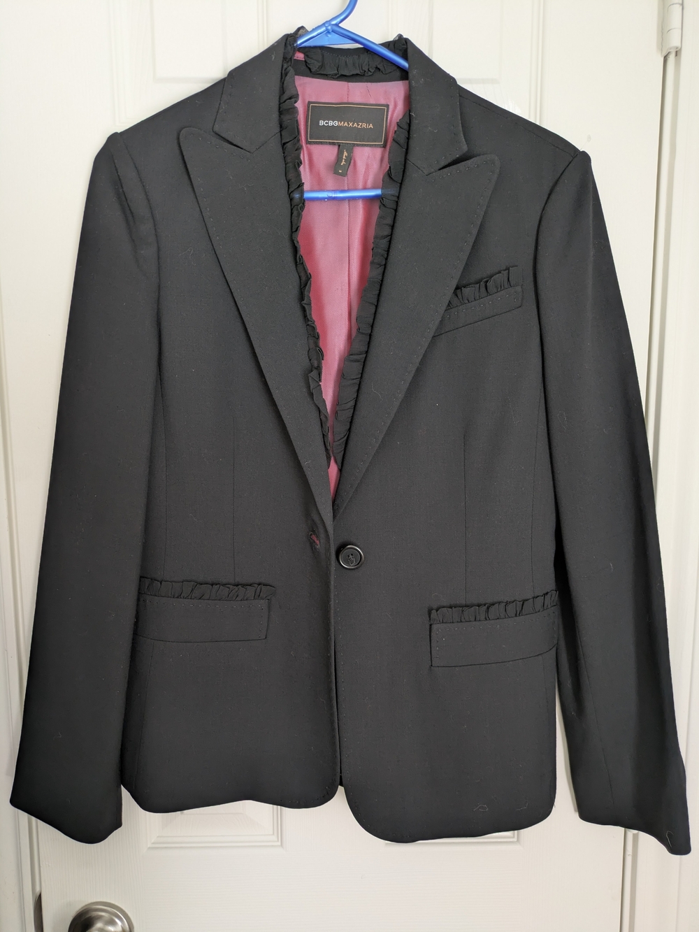 BCBGMaxAzria Black Blazer with Mauve Lining and Ruffle Trim